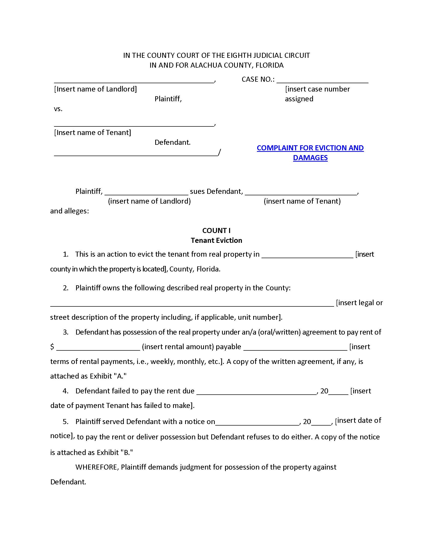 Complaint For Eviction And Damages | Pdf Fpdf Docx | Florida