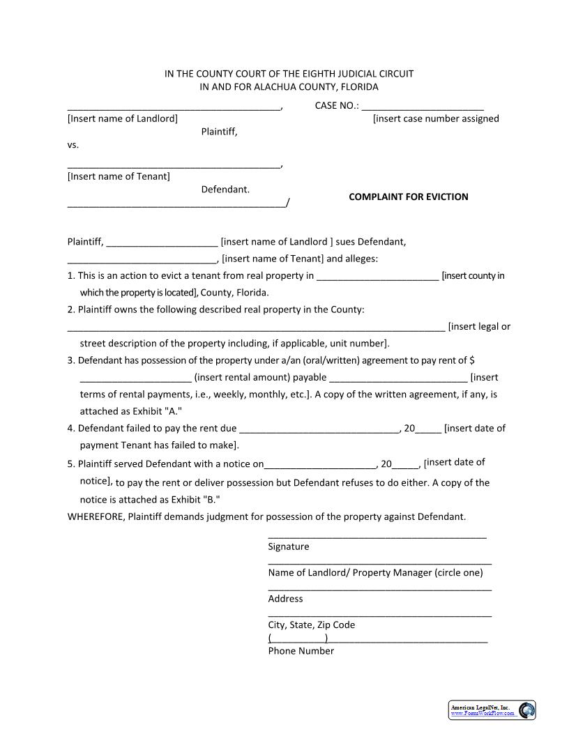 Complaint For Eviction | Pdf Fpdf Docx | Florida