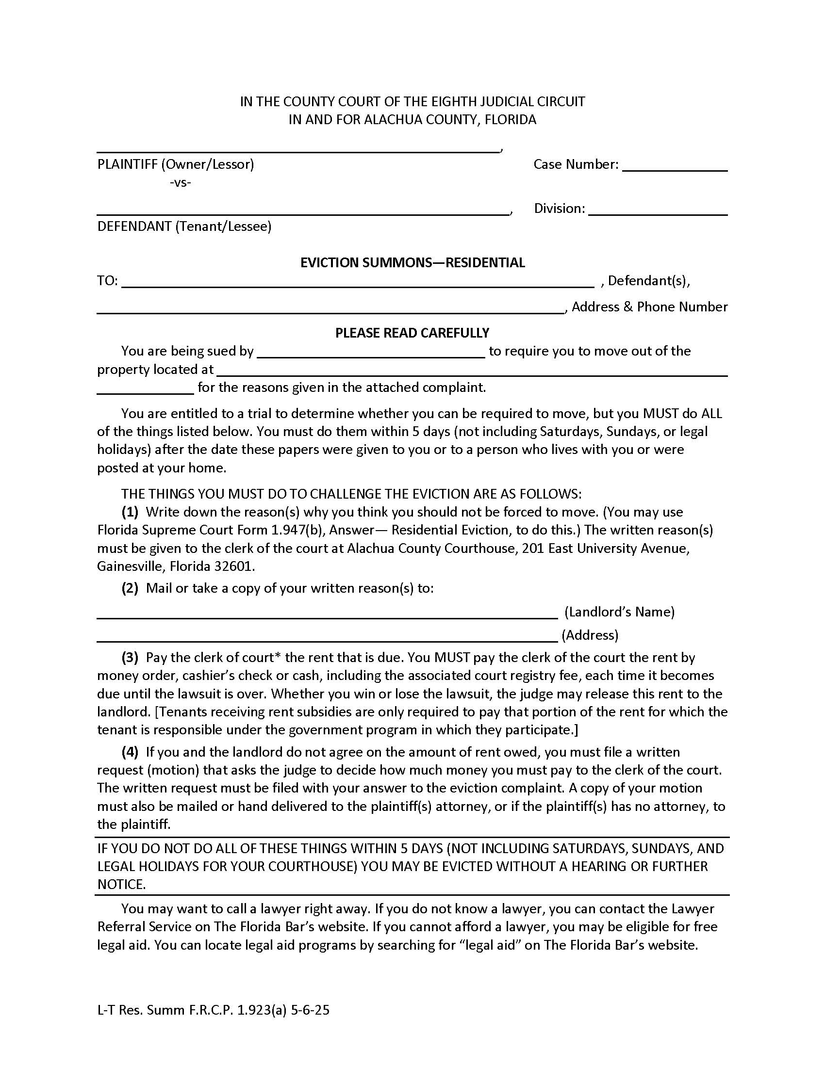 Eviction Summons - Residential | Pdf Fpdf Docx | Florida