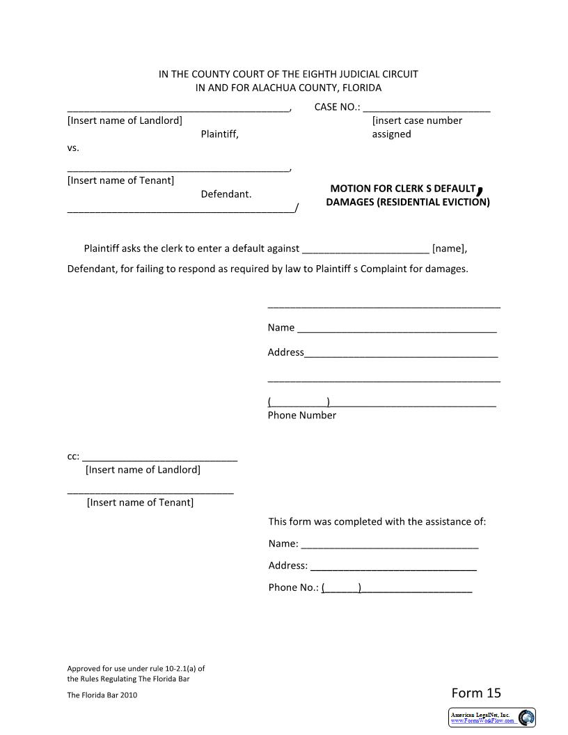 Motion For Clerks Default And Default - Damages (Residential Eviction) | Pdf Fpdf Docx | Florida