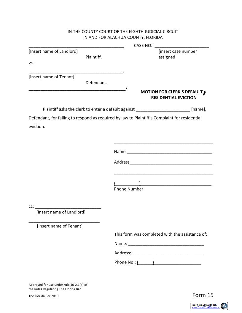 Motion For Clerks Default And Default - Residential Eviction | Pdf Fpdf Docx | Florida