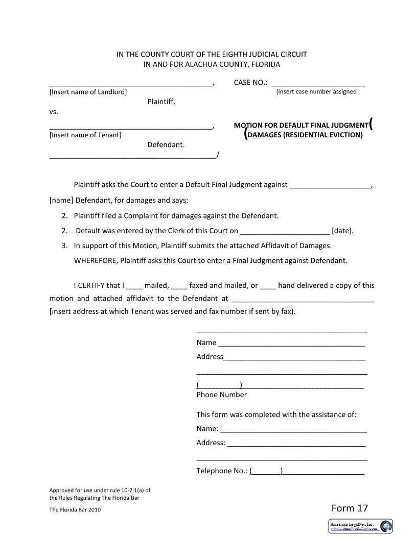 Motion For Default Final Judgment - Damages (Residential Eviction) | Pdf Fpdf Docx | Florida