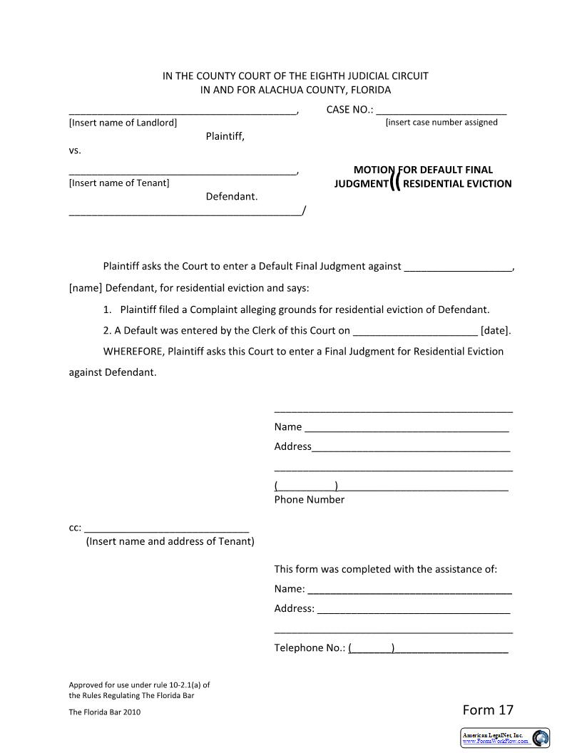 Motion For Default Final Judgment - Residential Eviction | Pdf Fpdf Docx | Florida