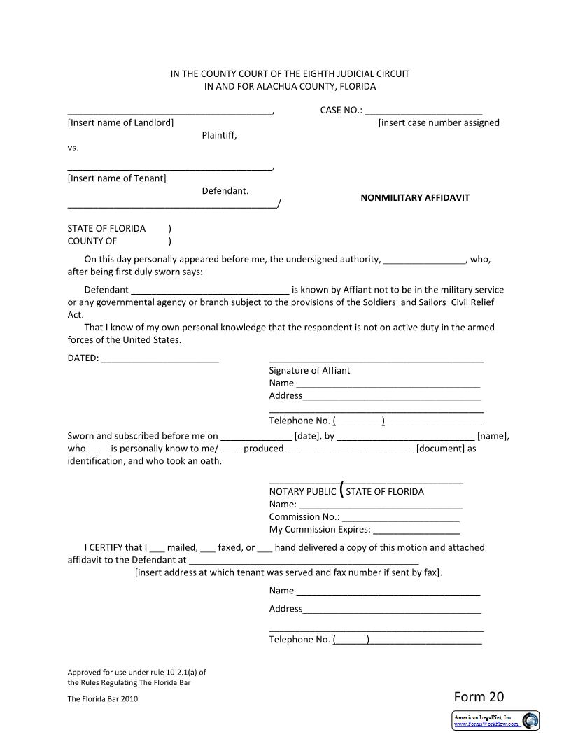 Nonmilitary Affidavit {Form 20} | Pdf Fpdf Docx | Florida