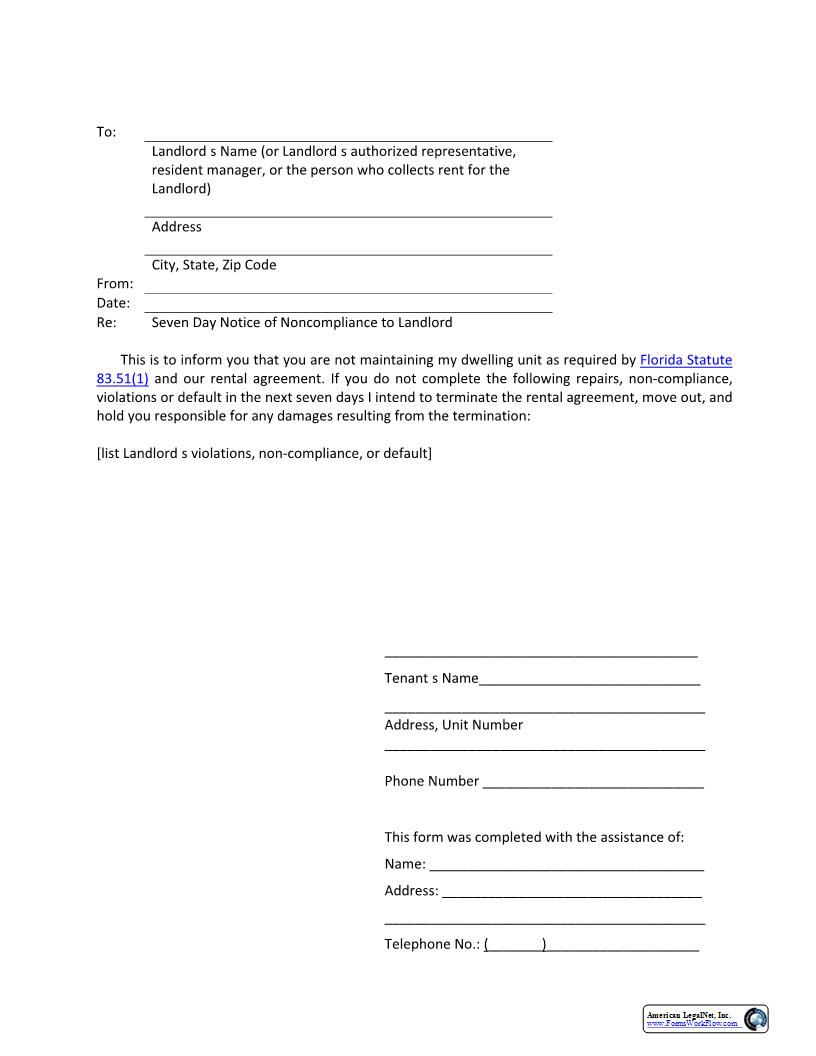 Notice From Tenant (Failure Of Landlord To Maintain Premises - Termination) | Pdf Fpdf Docx | Florida