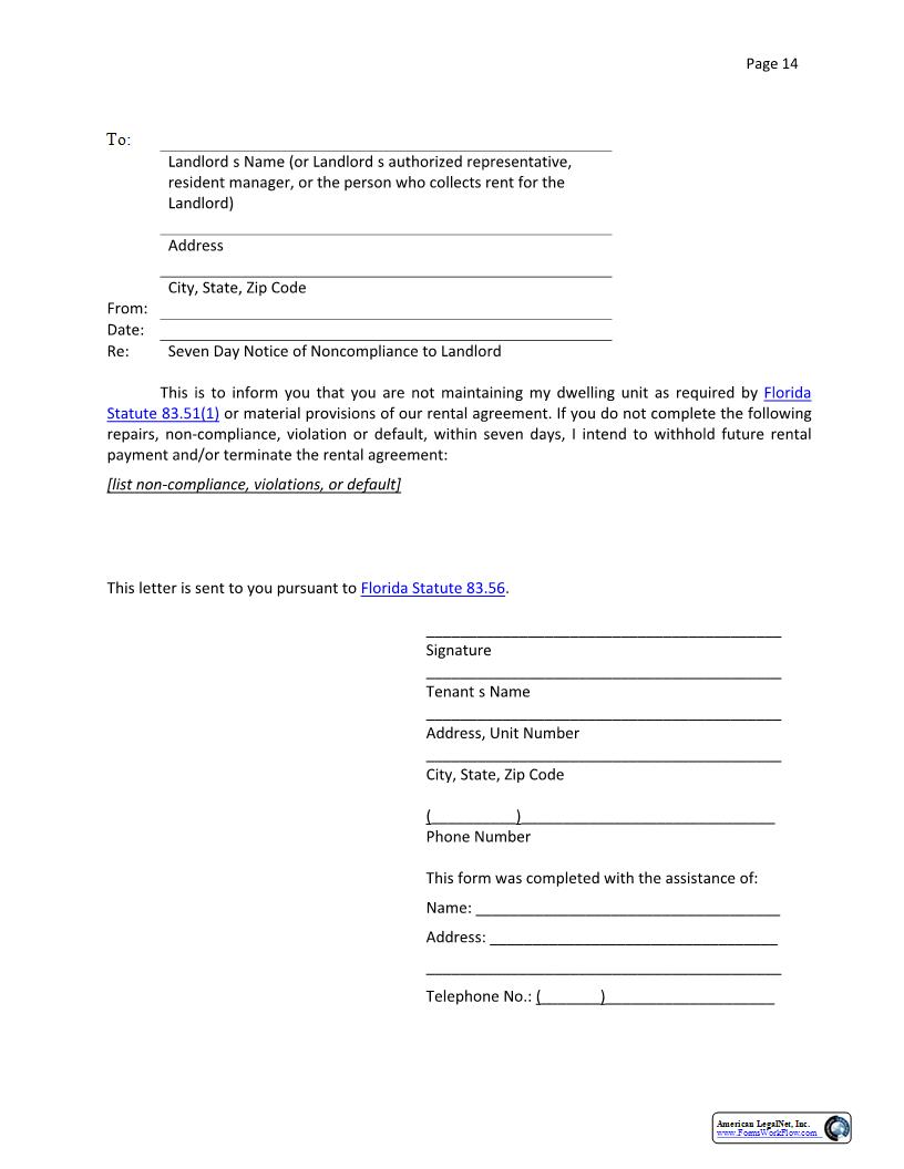 Notice From Tenant (Failure Of Landlord To Maintain Premises - Withhold Rent) | Pdf Fpdf Docx | Florida