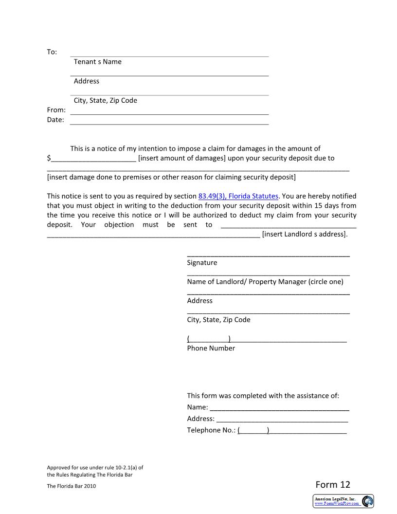 Notice Of Intention To Impose Claim On Security Deposit | Pdf Fpdf Docx | Florida