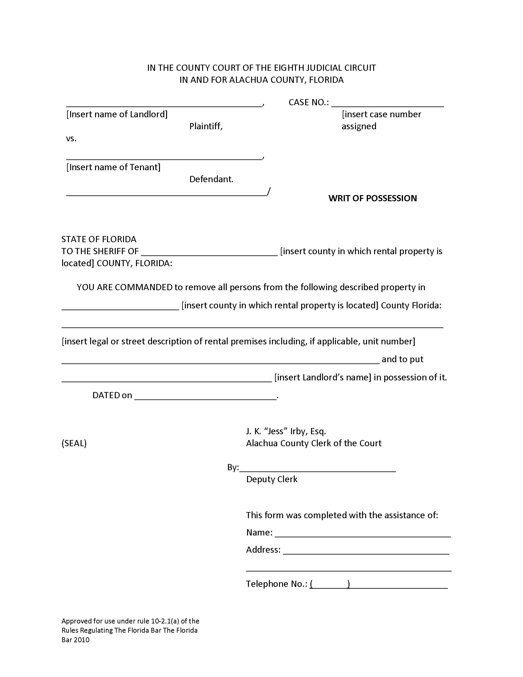 Writ Of Possession | Pdf Fpdf Docx | Florida