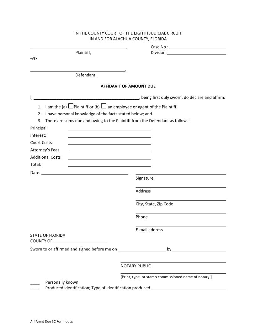 Affidavit Of Amount Due {ALA-AAD} | Pdf Fpdf Docx | Florida