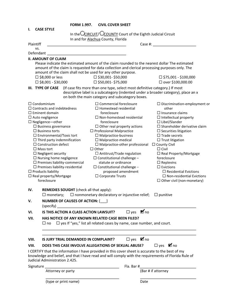 Civil Cover Sheet {ALA-CCS} | Pdf Fpdf Docx | Florida