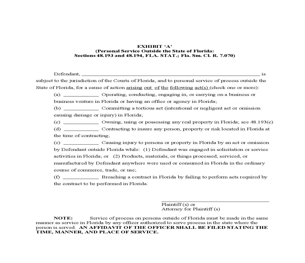 Exhibit A (Personal Service Outside State Of Florida) | Pdf Fpdf Doc Docx | Florida