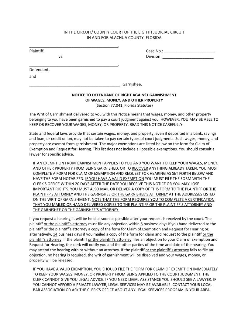 Notice To Defendant And Claim Of Exemption | Pdf Fpdf Docx | Florida
