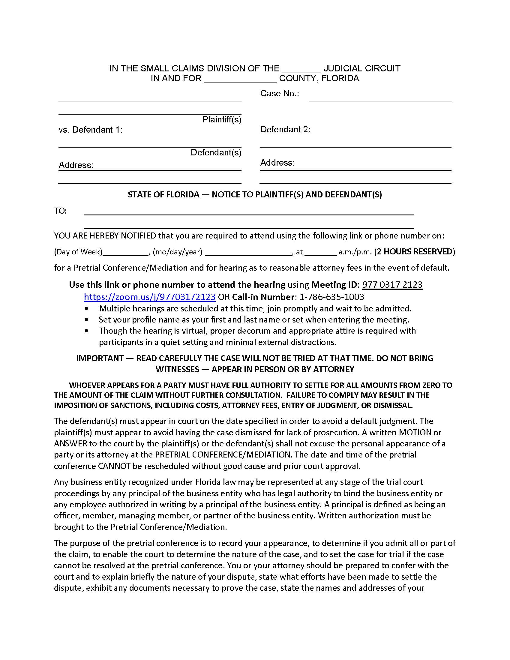 Notice To Plaintiff(s) And Defendant(s) (PreTrial) | Pdf Fpdf Docx | Florida