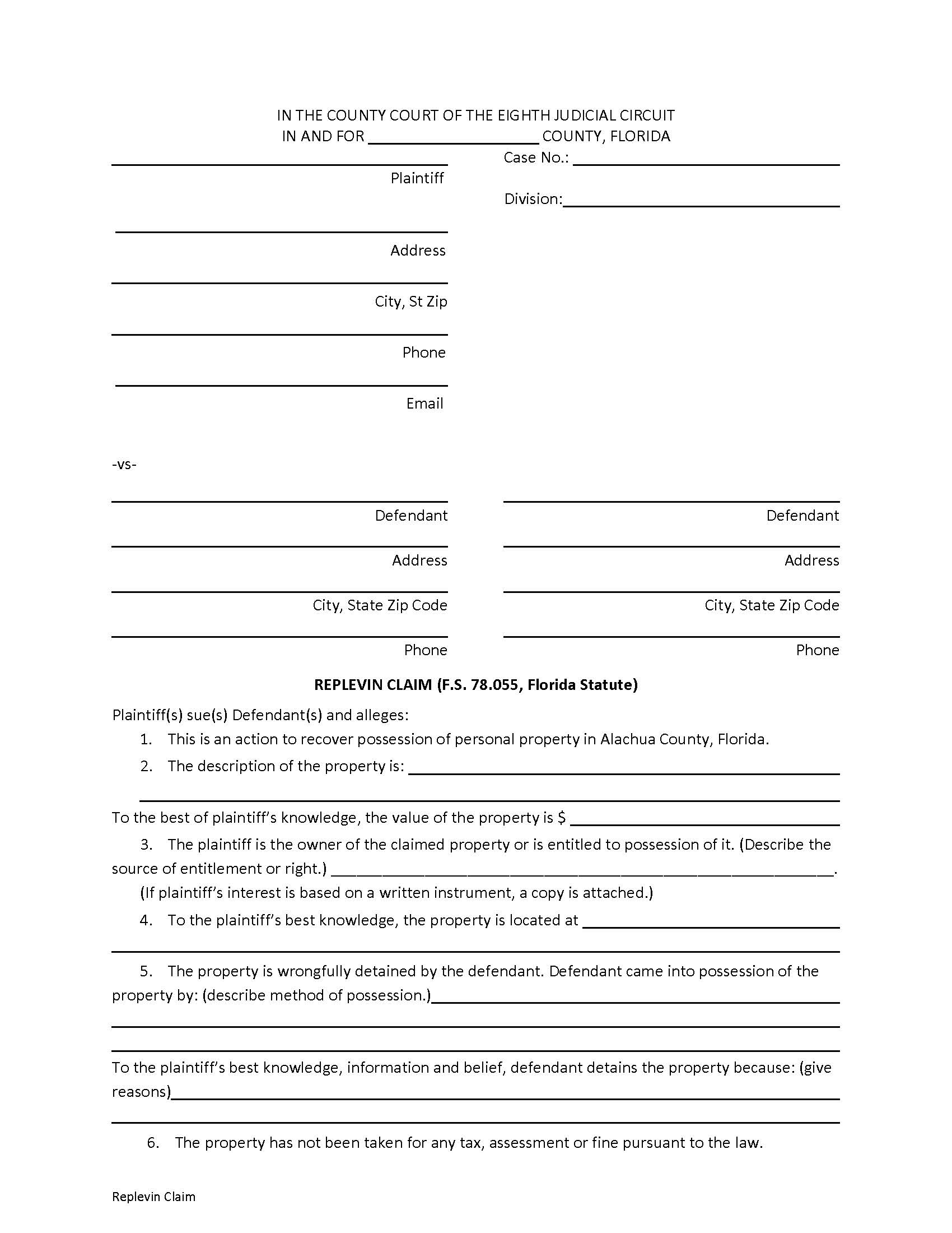 Replevin Claim | Pdf Fpdf Doc Docx | Florida