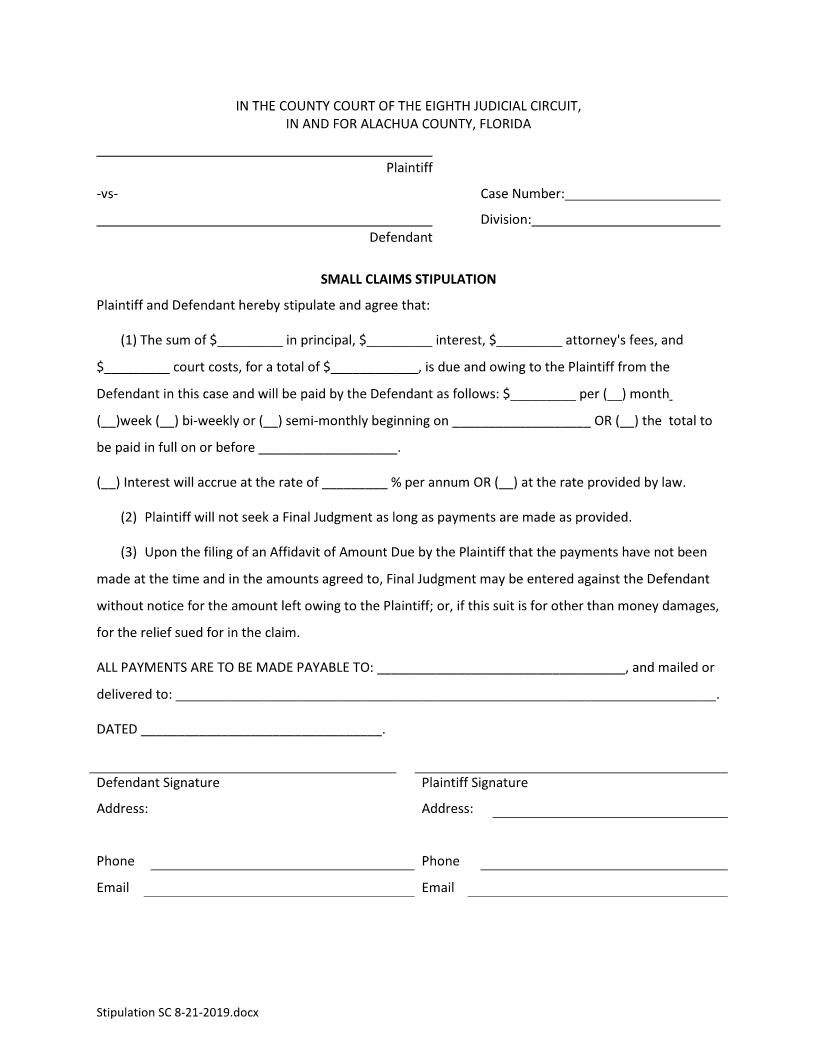 Small Claims Stipulation {ALA-SCS} | Pdf Fpdf Docx | Florida