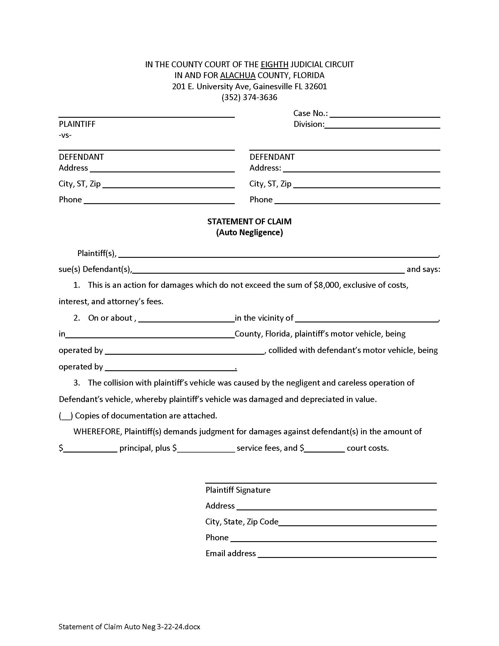 Statement Of Claim (Accident) | Pdf Fpdf Doc Docx | Florida