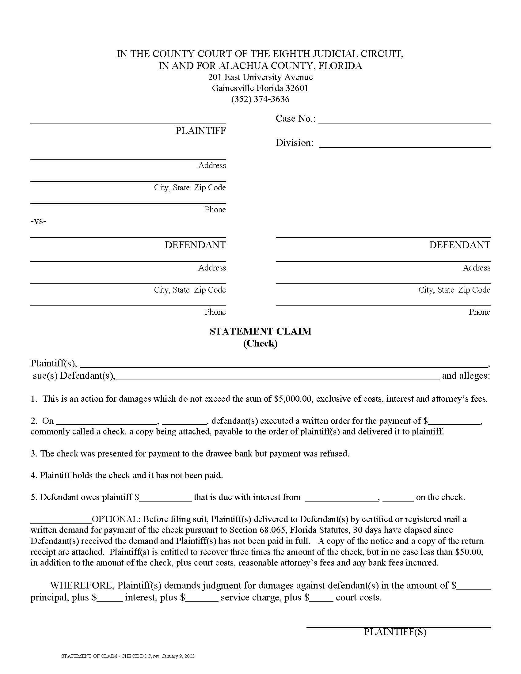 Statement Of Claim (Check) | Pdf Fpdf Doc Docx | Florida