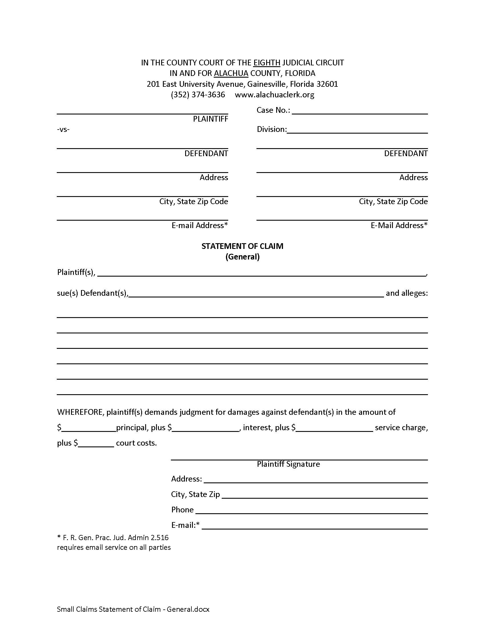 Statement Of Claim (General) | Pdf Fpdf Docx | Florida