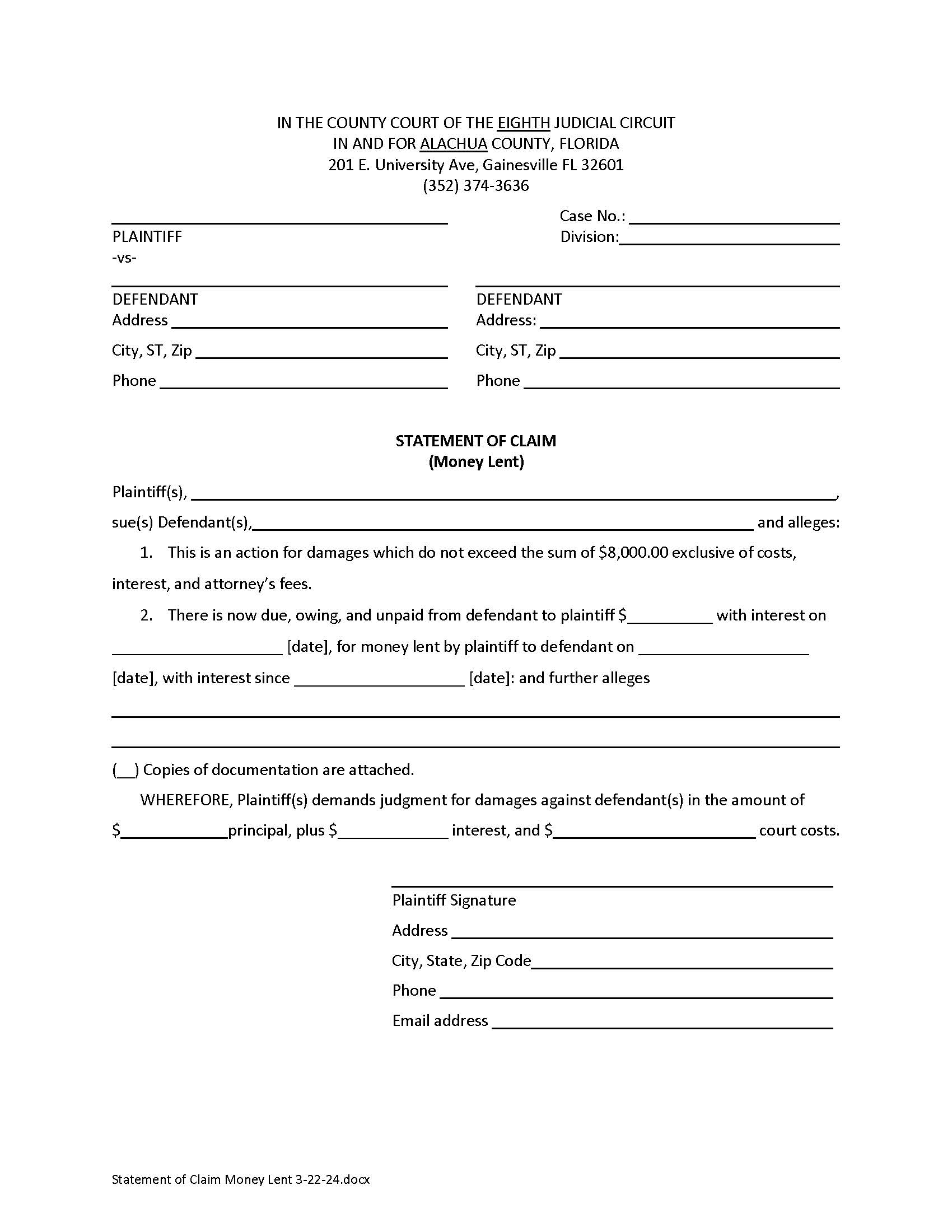 Statement Of Claim (Money Lent) {ALA-SoCML} | Pdf Fpdf Doc Docx | Florida