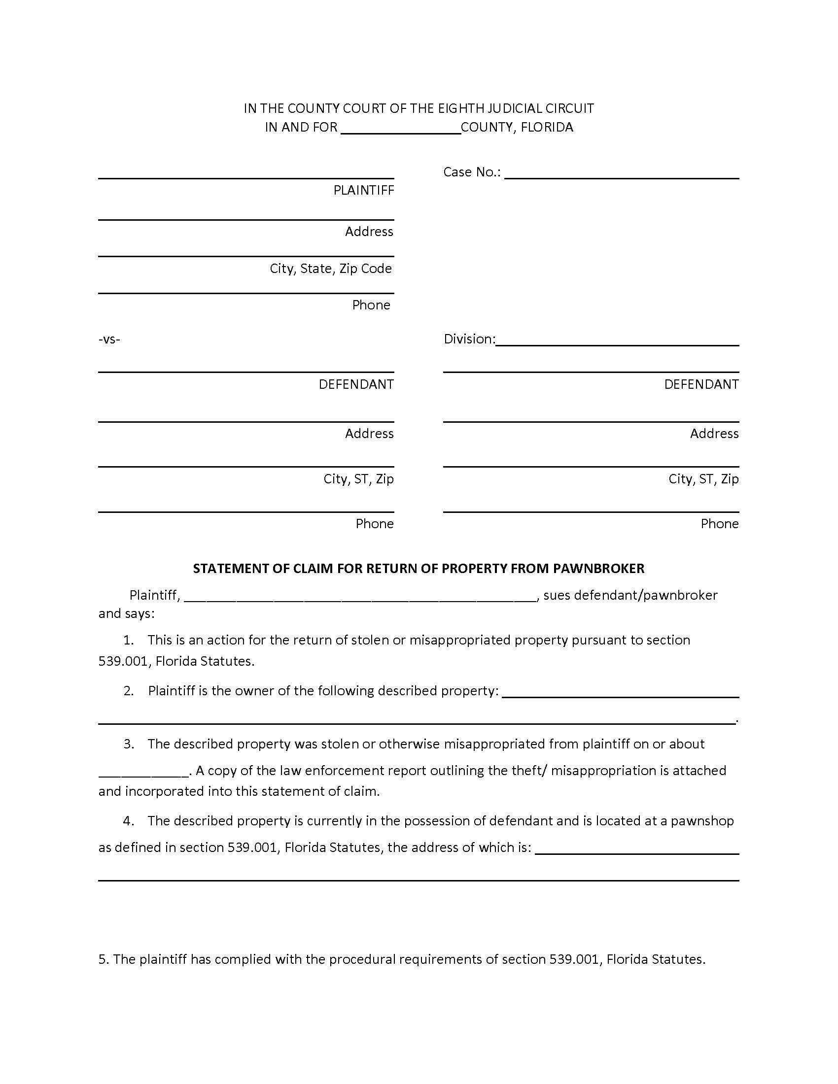 Statement Of Claim For Return Of Property From Pawnbroker | Pdf Fpdf Docx | Florida