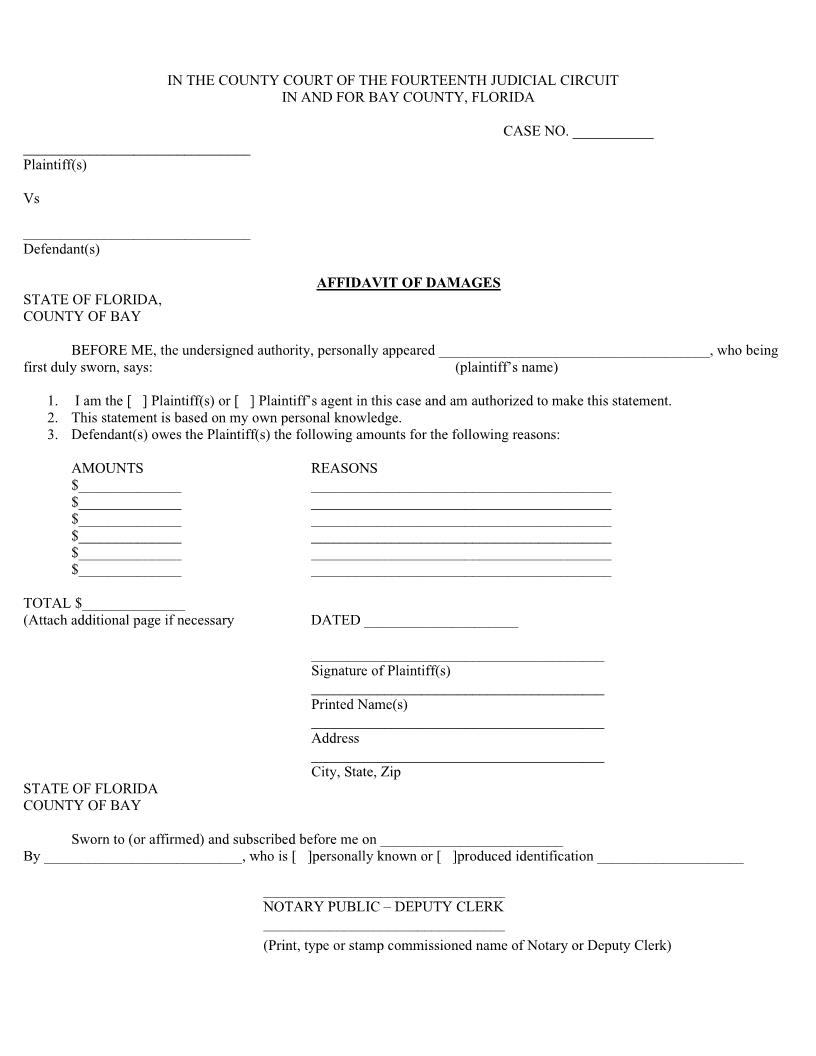 Affidavit Of Damages (Small Claims) | Pdf Fpdf Docx | Florida
