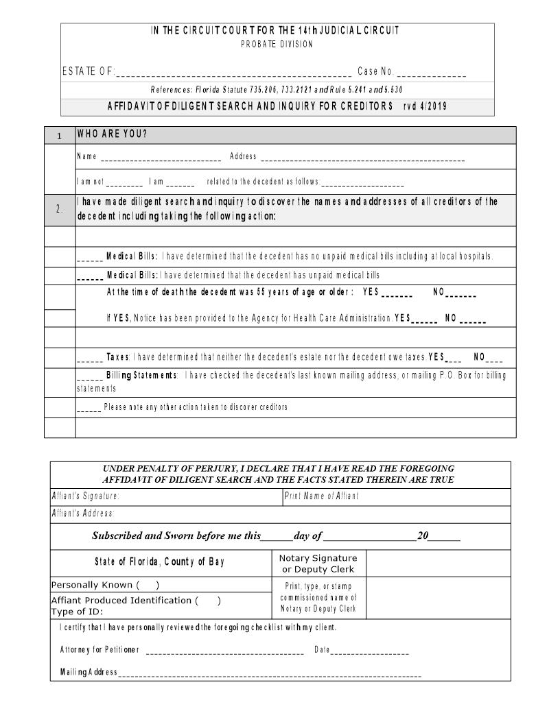 Affidavit Of Diligent Search And Inquiry For Creditors | Pdf Fpdf Docx | Florida