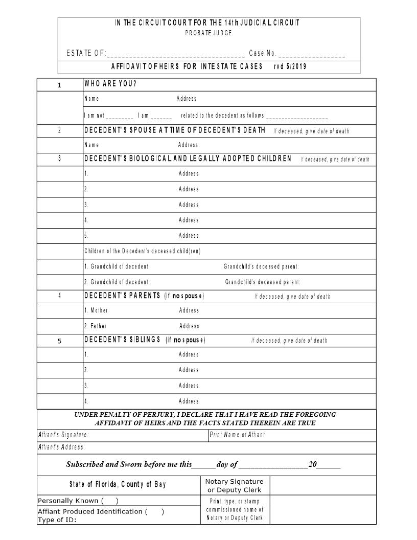 Affidavit Of Heirs For Intestate Cases | Pdf Fpdf Docx | Florida