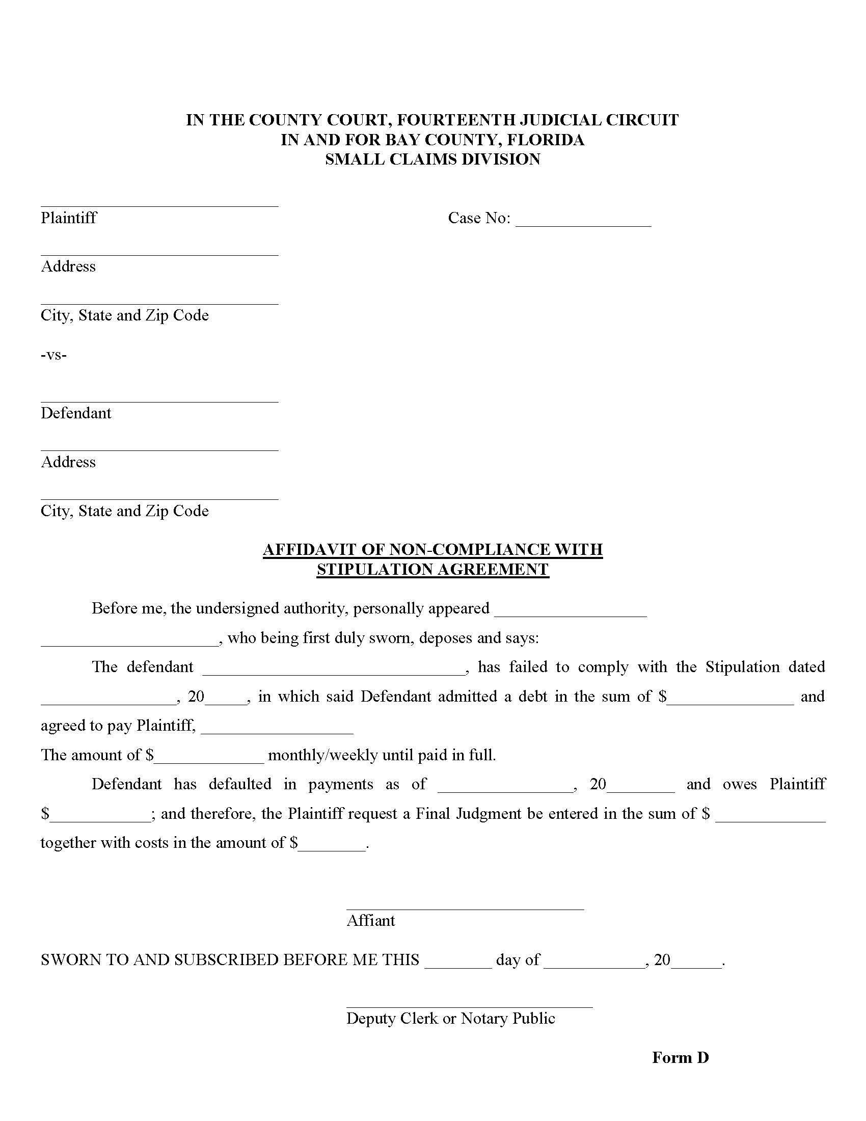 Affidavit Of Non-Compliance With Stipulation Agreement {D} | Pdf Fpdf Doc Docx | Florida