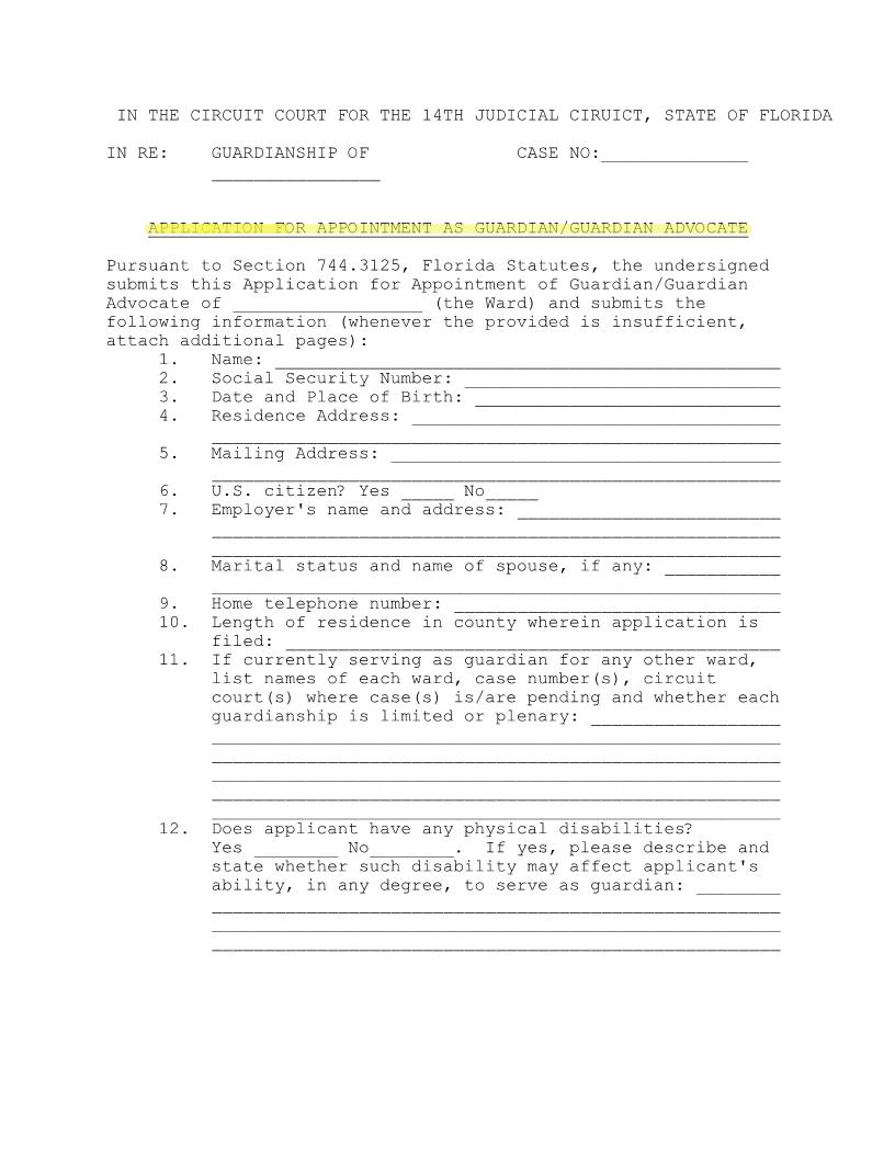 Application For Appointment As Guardian-Guardian Advocate | Pdf Fpdf Docx | Florida
