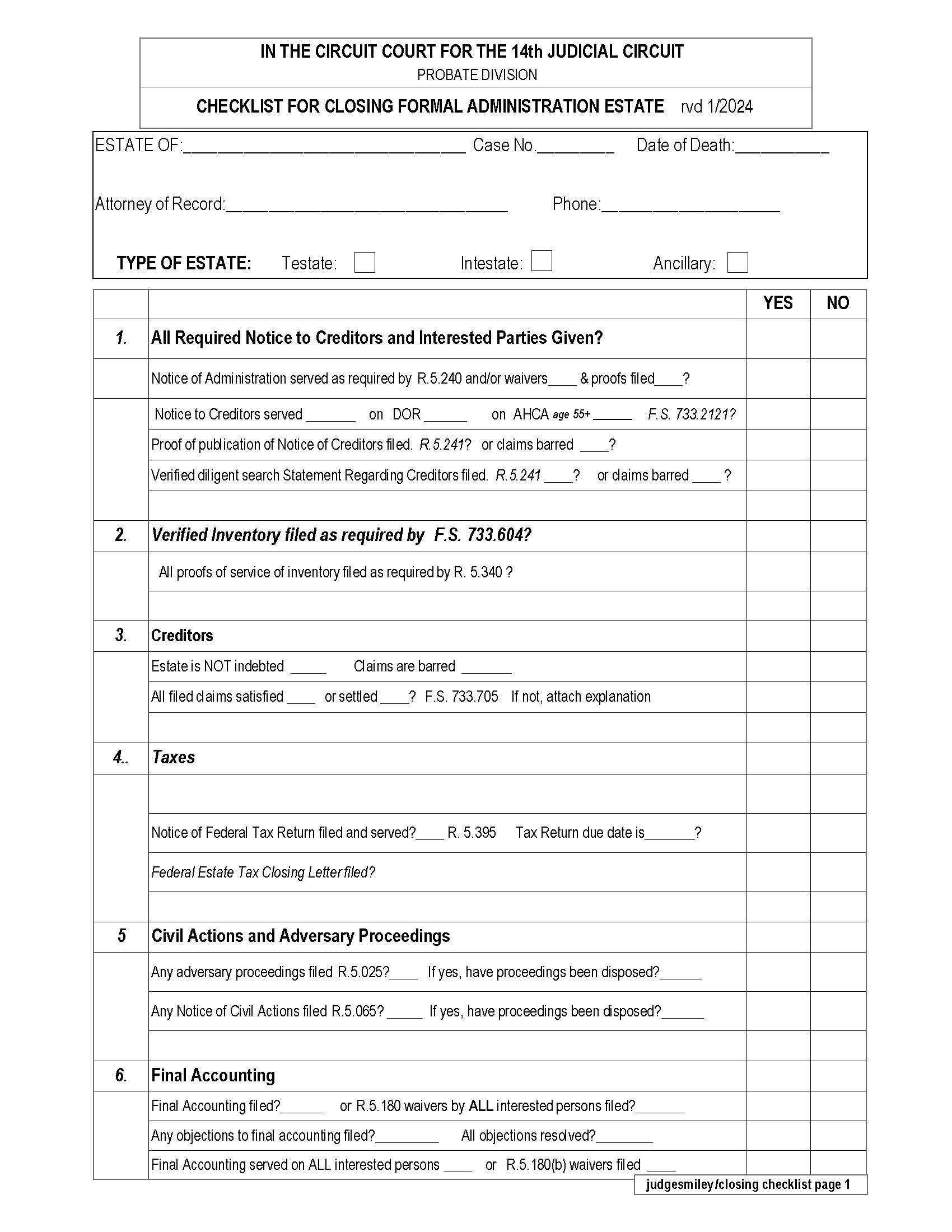 Checklist For Closing Formal Administration Estate | Pdf Fpdf Docx | Florida