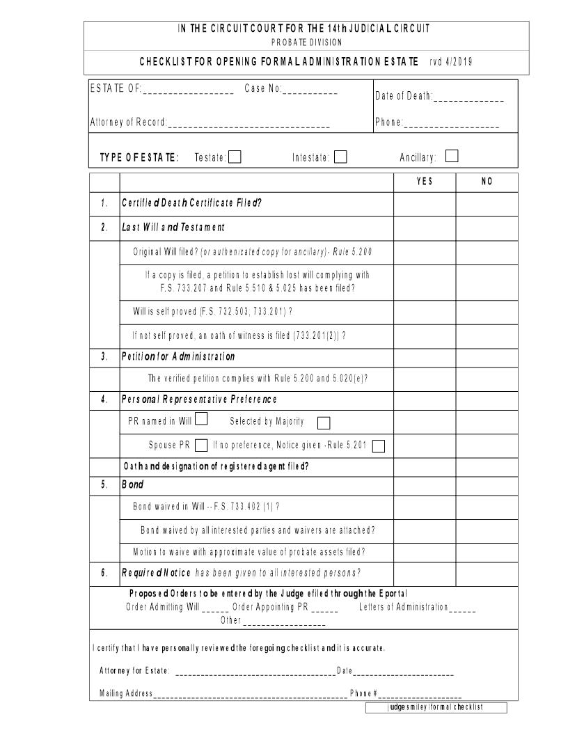 Checklist For Opening Formal Administration Estate | Pdf Fpdf Docx | Florida
