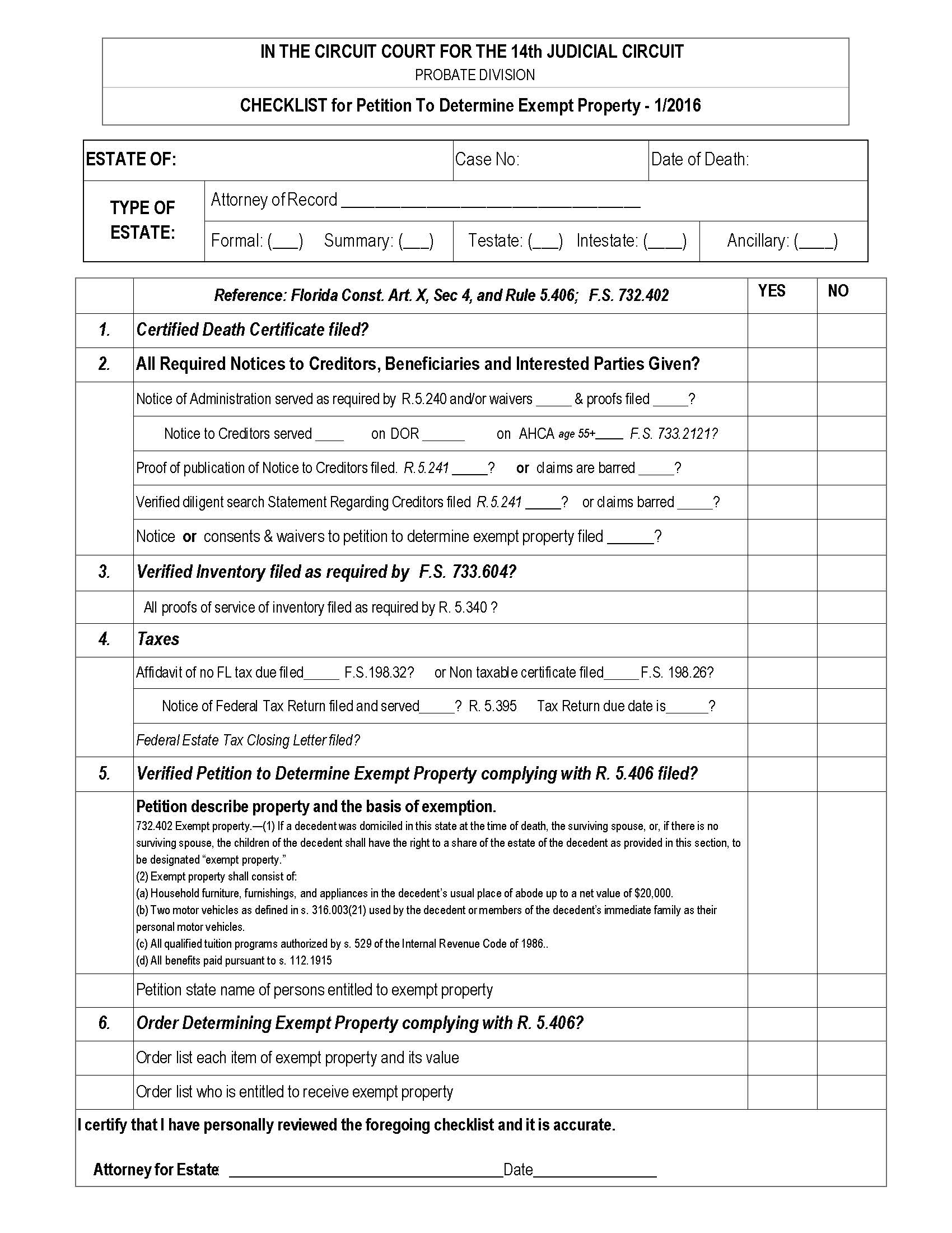 Checklist For Petition To Determine Exempt Property | Pdf Fpdf Docx | Florida
