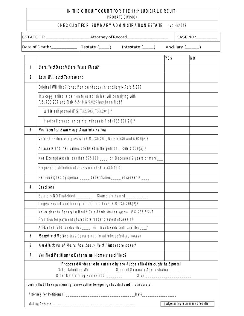 Checklist For Summary Administration Estate | Pdf Fpdf Docx | Florida