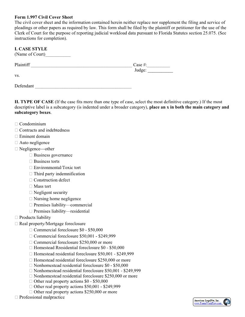 Civil Cover Sheet | Pdf Fpdf Docx | Florida