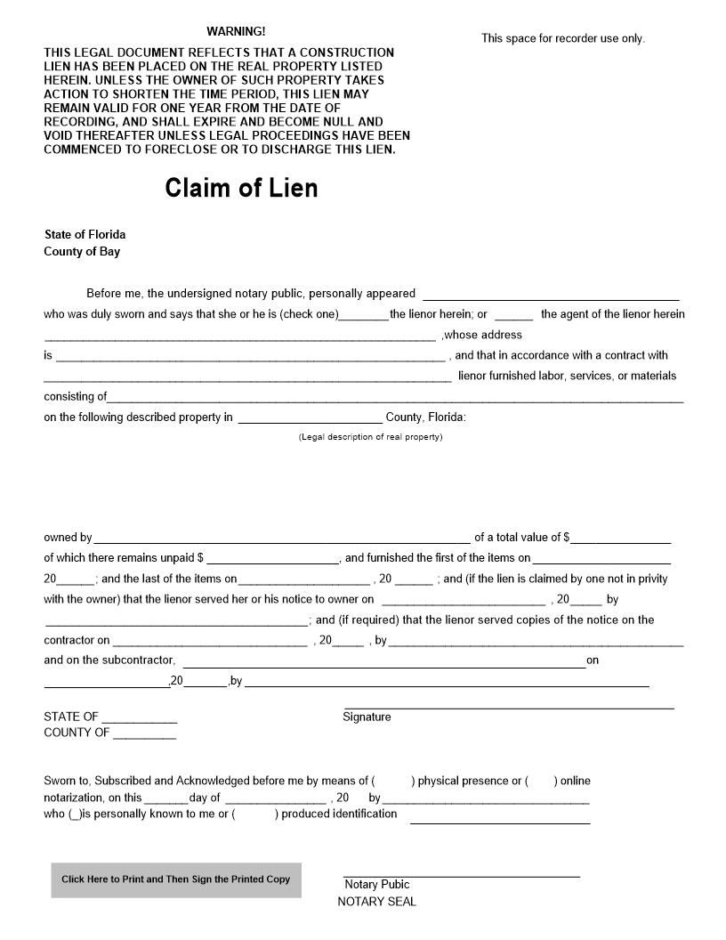 Claim Of Lien | Pdf Fpdf Docx | Florida