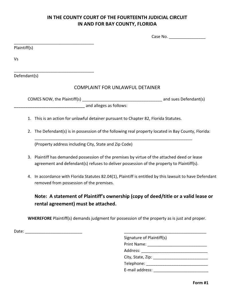 Complaint For Unlawful Detainer (Form 1) | Pdf Fpdf Docx | Florida