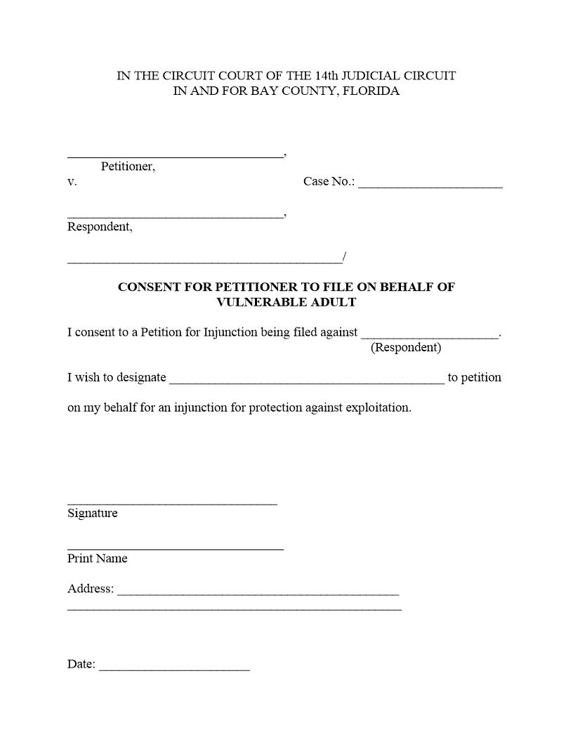 Consent For Petitioner To File On Behalf Of Vulnerable Adult | Pdf Fpdf Docx | Florida