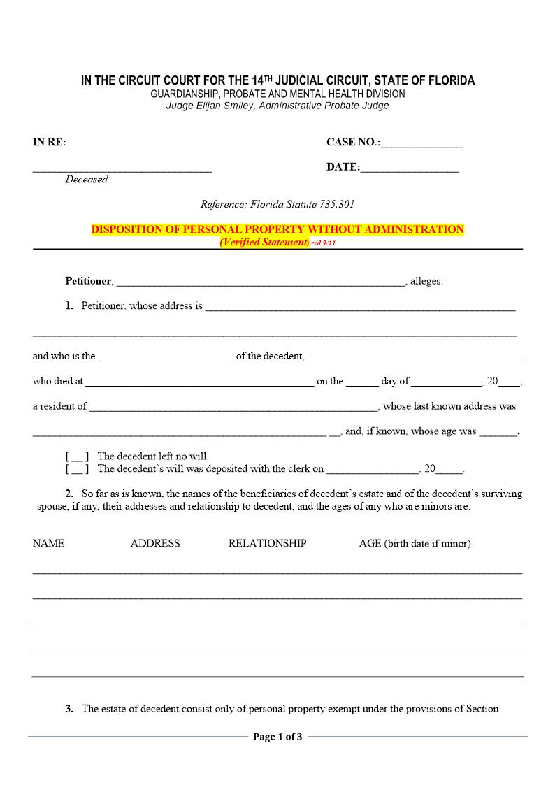 Disposition Of Personal Property Without Administration (Verified Statement) | Pdf Fpdf Docx | Florida