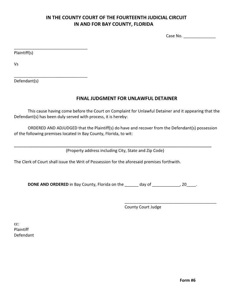 Final Judgment For Unlawful Detainer {Form 6} | Pdf Fpdf Docx | Florida