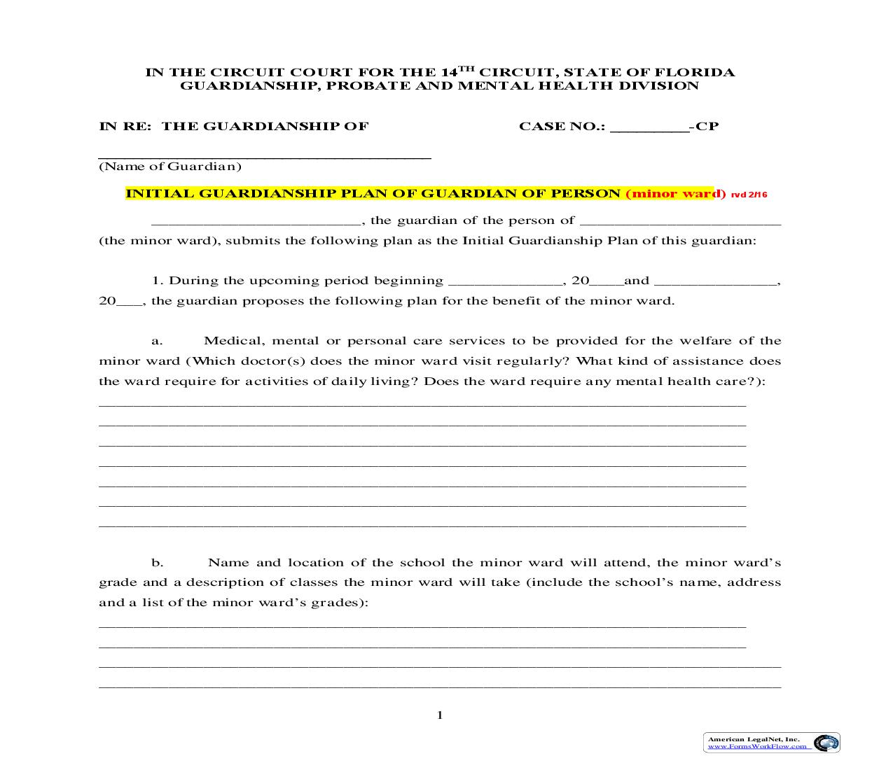 Initial Plan Of Guardian Of Person (Minor) | Pdf Fpdf Doc Docx | Florida