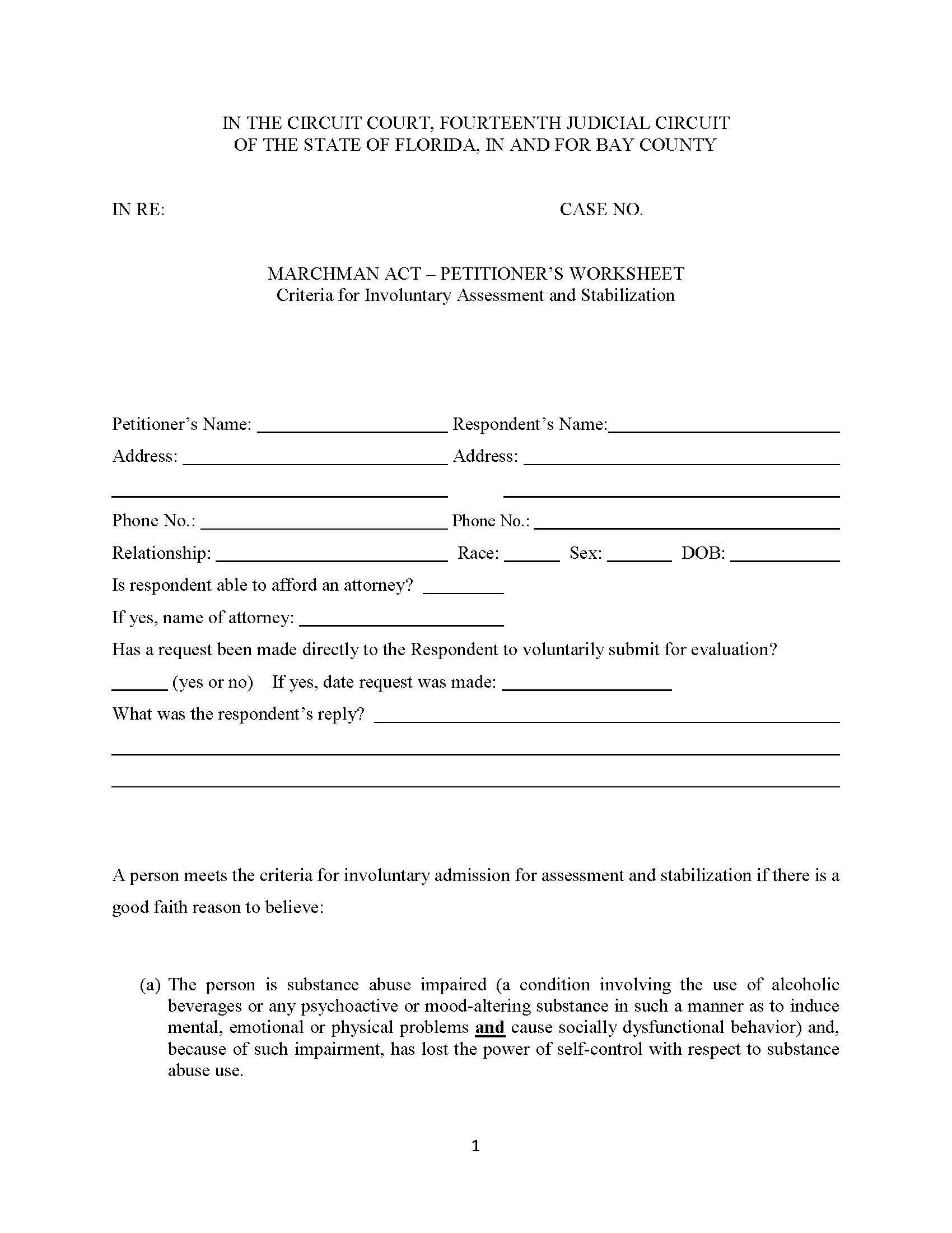 Marchman Act - Petitioners Worksheet Criteria For Involuntary Assessment And Stabilization | Pdf Fpdf Docx | Florida