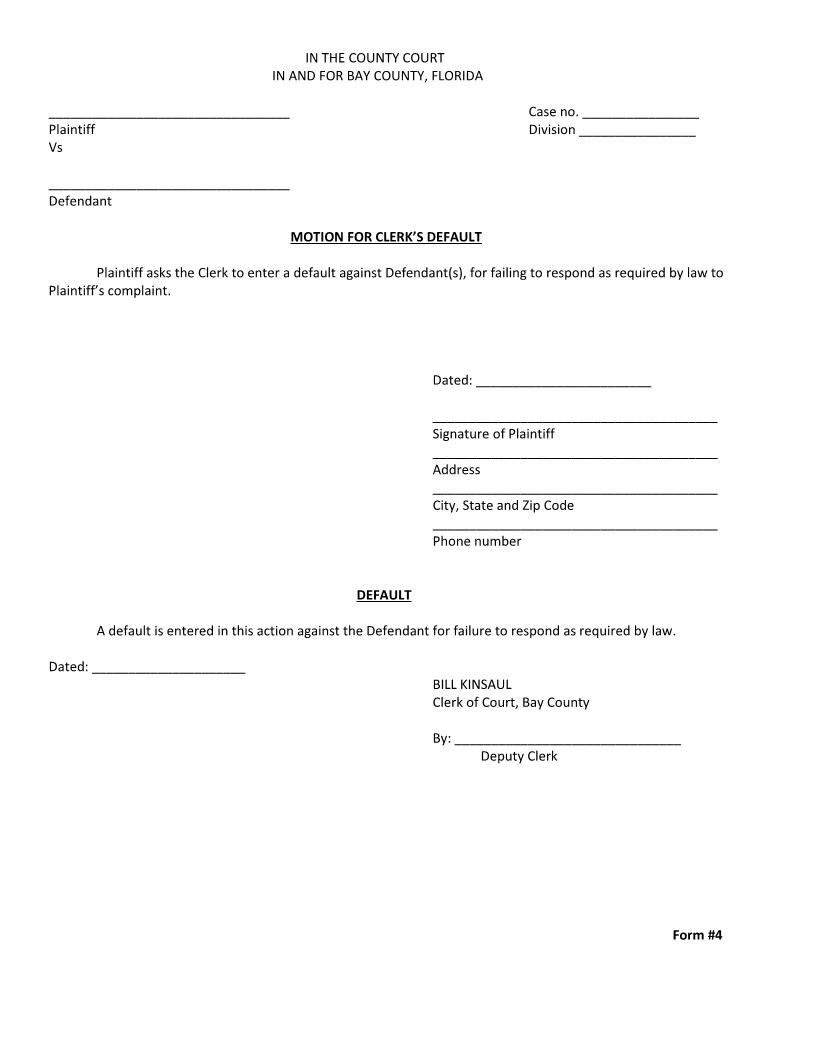 Motion For Clerks Default And Default (Form 4) | Pdf Fpdf Docx | Florida