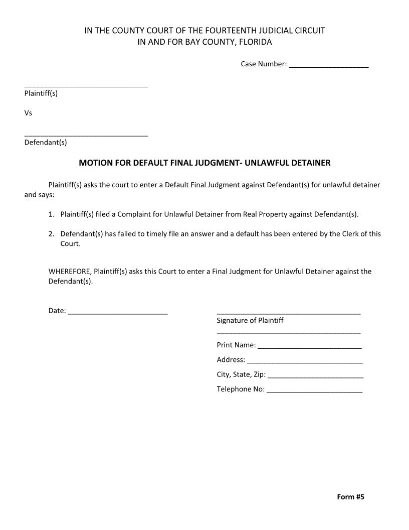 Motion For Default Final Judgment Unlawful Detainer (Form 5) | Pdf Fpdf Docx | Florida