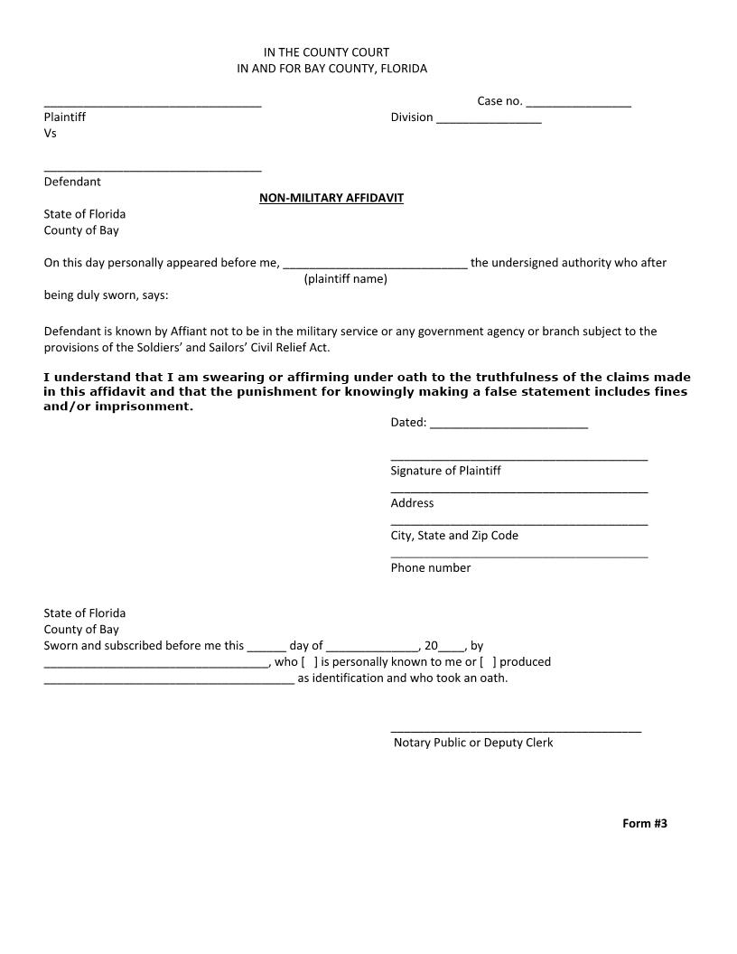 Non-Military Affidavit (Form 3) | Pdf Fpdf Docx | Florida