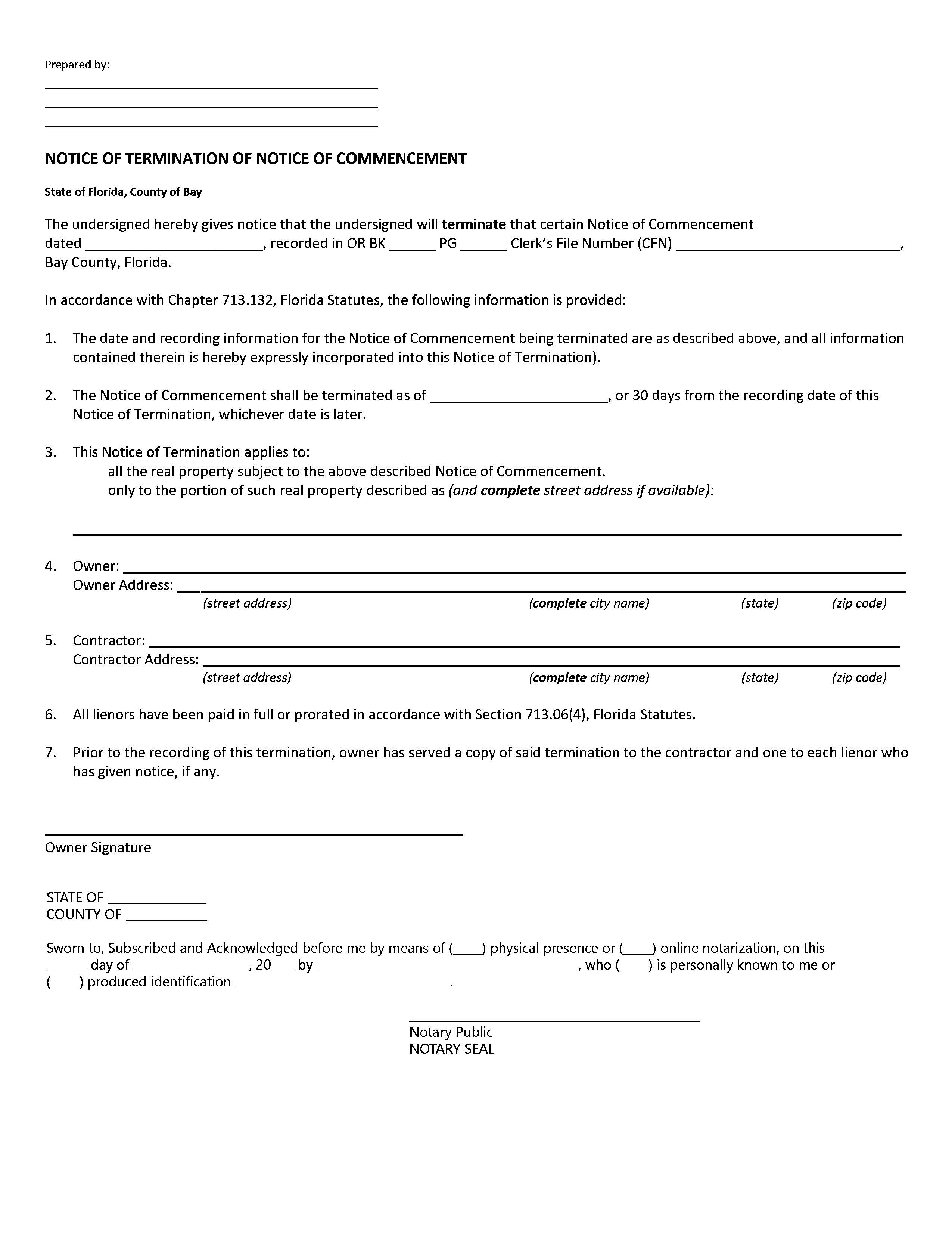 Notice Of Termination Of Notice Of Commencement | Pdf Fpdf Docx | Florida
