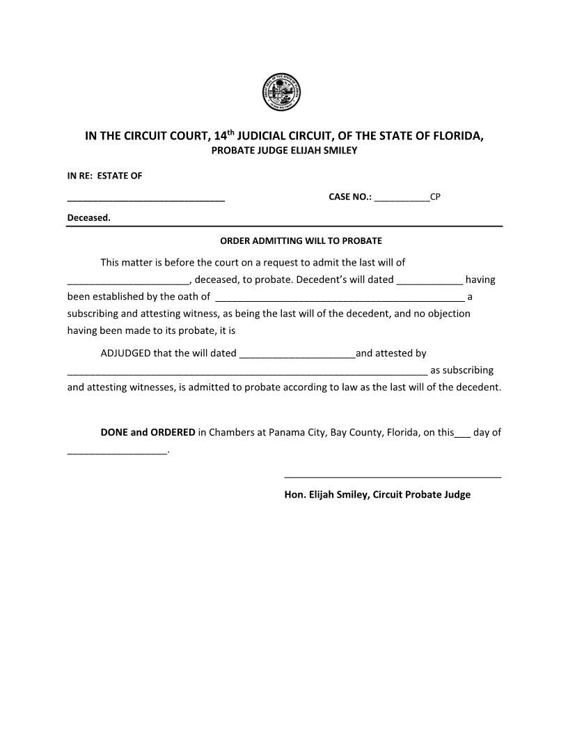 Order Admitting Will To Probate | Pdf Fpdf Docx | Florida