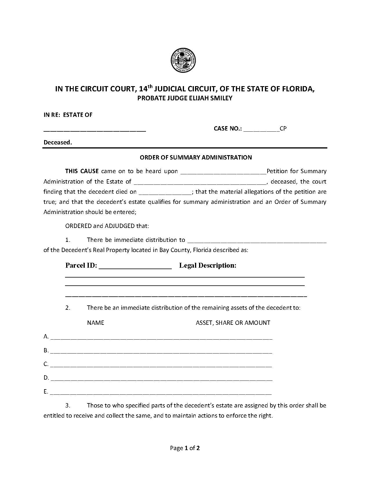 Order Of Summary Administration | Pdf Fpdf Docx | Florida