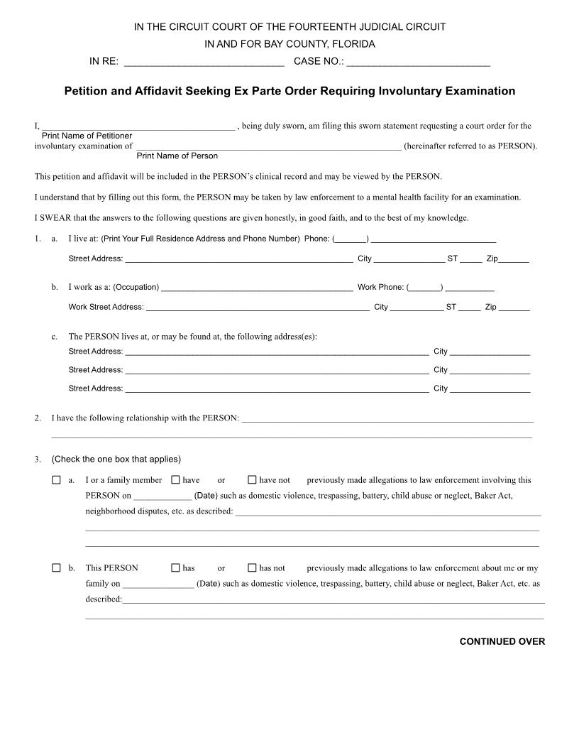 Petition And Affidavit Seeking Ex Parte Order Requiring Involuntary Examination | Pdf Fpdf Docx | Florida
