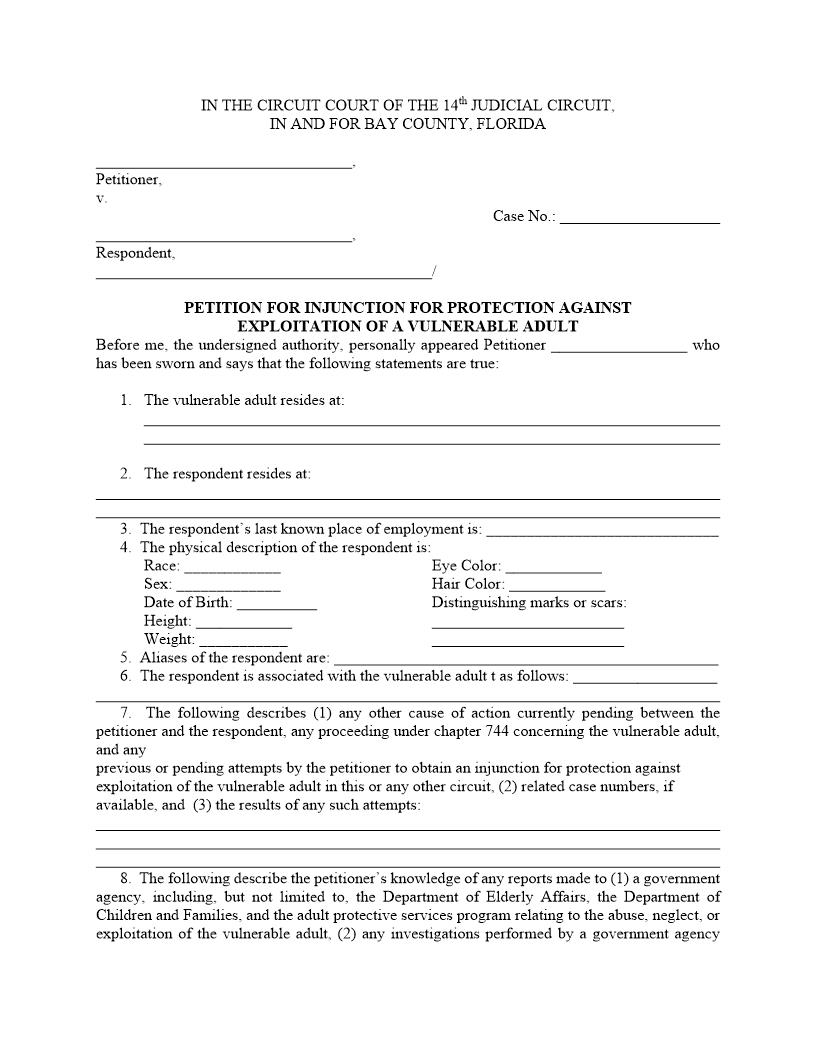 Petition For Injunction For Protection Against Vulnerable Adult | Pdf Fpdf Docx | Florida