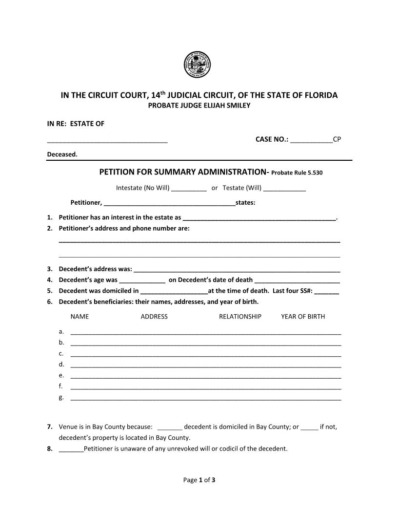Petition For Summary Administration | Pdf Fpdf Docx | Florida